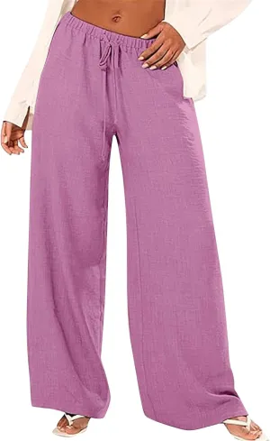 Linen Pants for Women High Waisted Wide Leg Pants Drawstring Elastic Waist Casual Trousers Summer Vacation Clothes
