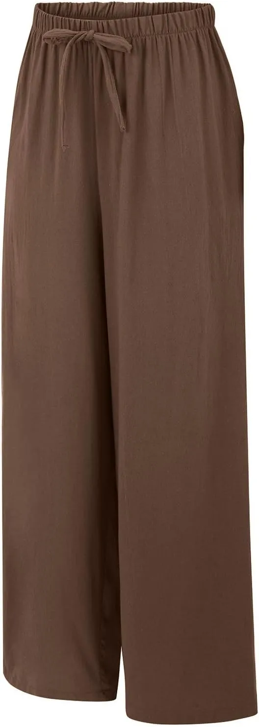 Linen Pants for Women High Waisted Wide Leg Pants Drawstring Elastic Waist Casual Trousers Summer Vacation Clothes