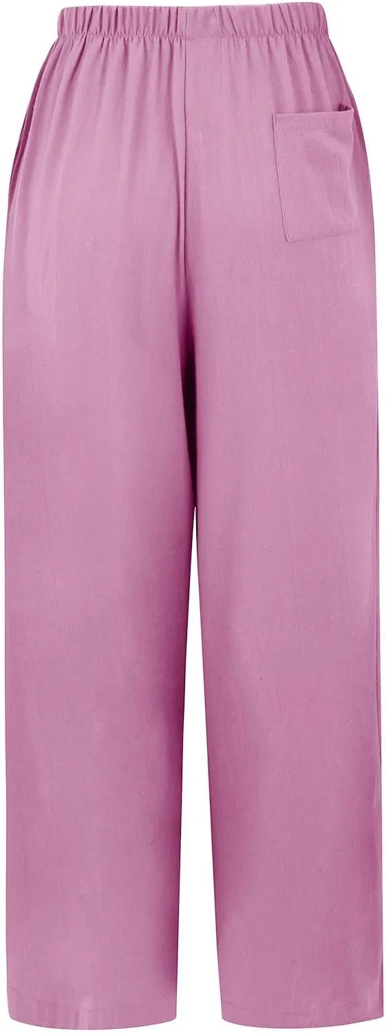 Linen Pants for Women High Waisted Wide Leg Pants Drawstring Elastic Waist Casual Trousers Summer Vacation Clothes