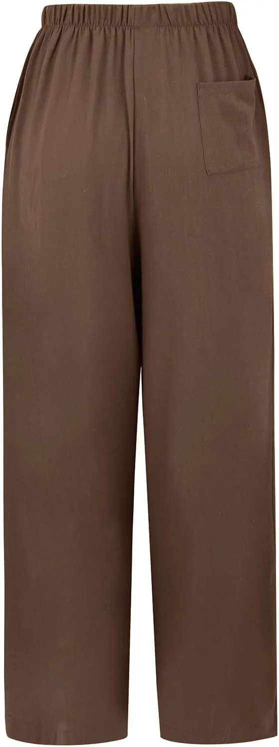 Linen Pants for Women High Waisted Wide Leg Pants Drawstring Elastic Waist Casual Trousers Summer Vacation Clothes