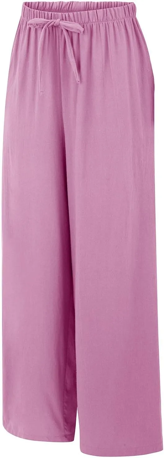 Linen Pants for Women High Waisted Wide Leg Pants Drawstring Elastic Waist Casual Trousers Summer Vacation Clothes
