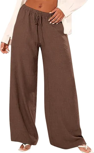 Linen Pants for Women High Waisted Wide Leg Pants Drawstring Elastic Waist Casual Trousers Summer Vacation Clothes