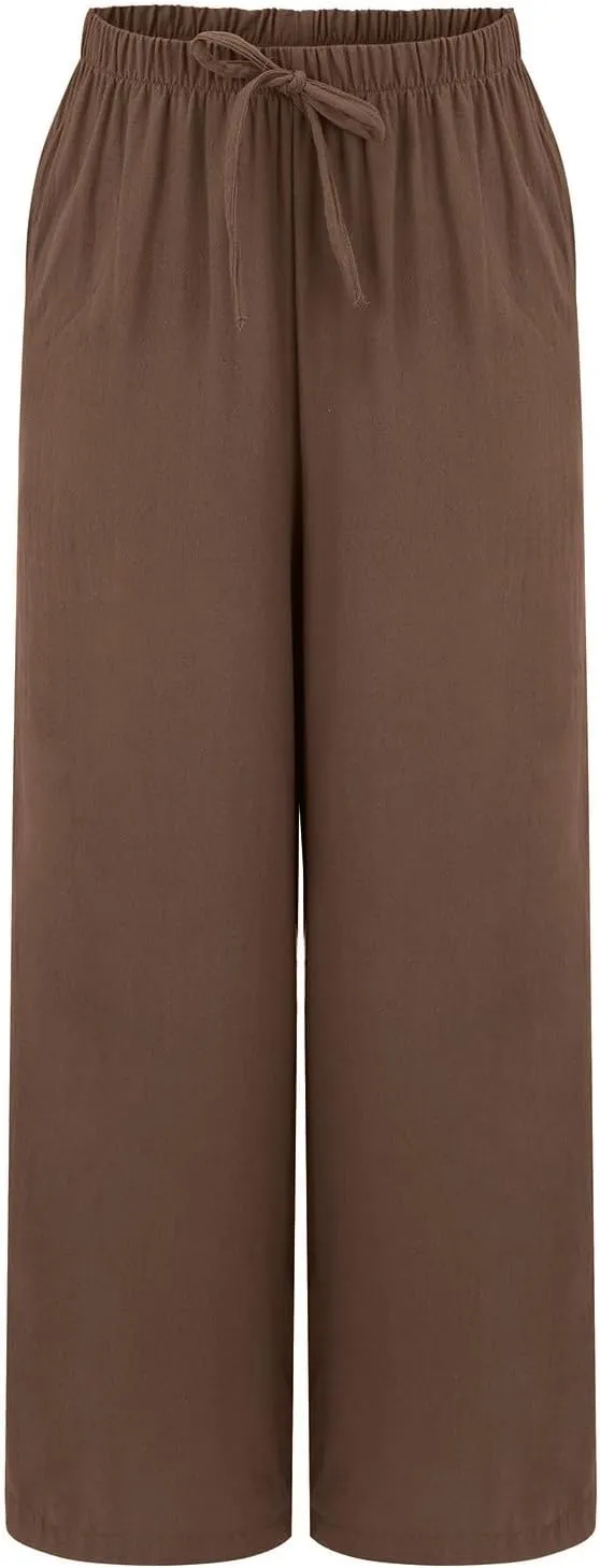 Linen Pants for Women High Waisted Wide Leg Pants Drawstring Elastic Waist Casual Trousers Summer Vacation Clothes