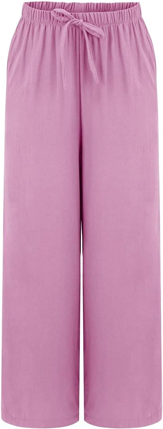 Linen Pants for Women High Waisted Wide Leg Pants Drawstring Elastic Waist Casual Trousers Summer Vacation Clothes