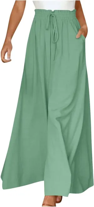 Linen Pants for Women Summer Drawstring Wide Leg Pants Flowy High Waisted Pant Loose Casual Palazzo Pant