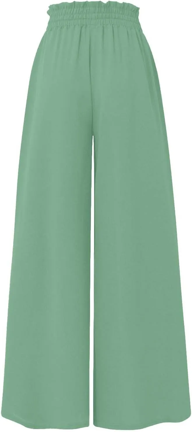 Linen Pants for Women Summer Drawstring Wide Leg Pants Flowy High Waisted Pant Loose Casual Palazzo Pant
