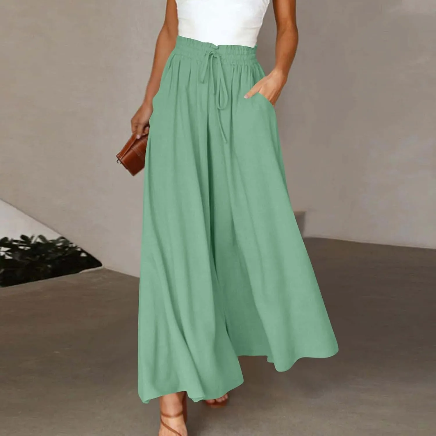 Linen Pants for Women Summer Drawstring Wide Leg Pants Flowy High Waisted Pant Loose Casual Palazzo Pant
