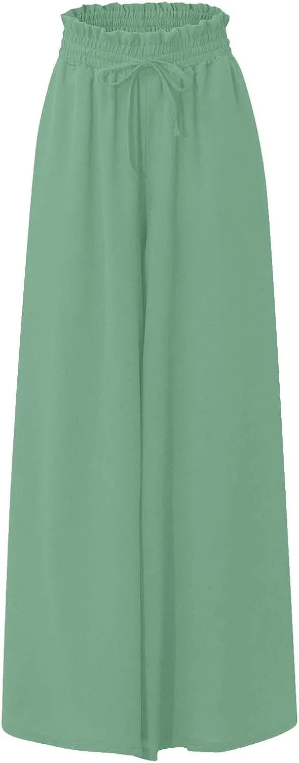 Linen Pants for Women Summer Drawstring Wide Leg Pants Flowy High Waisted Pant Loose Casual Palazzo Pant