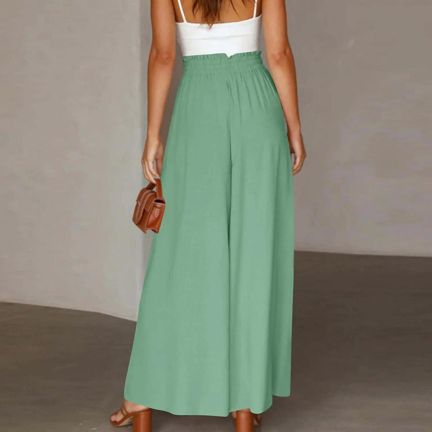 Linen Pants for Women Summer Drawstring Wide Leg Pants Flowy High Waisted Pant Loose Casual Palazzo Pant