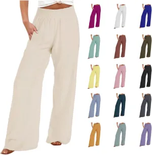 Linen Pants for Women's Smocked High Waist Palazzo Pants Summer Flowy Long Pants Wide Leg Beach Trousers with Pockets