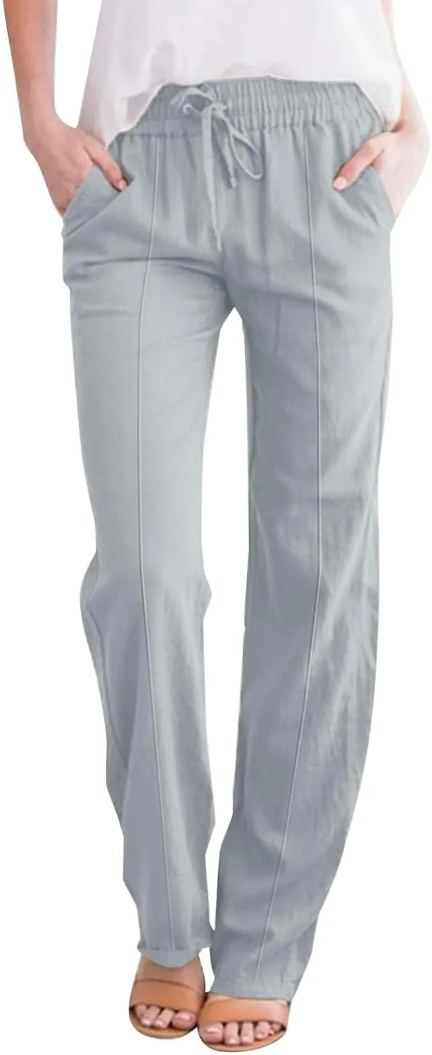 Linen Pants Women Casual Summer Beach Loose Elastic High Waisted Drawstring Lounge Straight Leg Pants with Pockets
