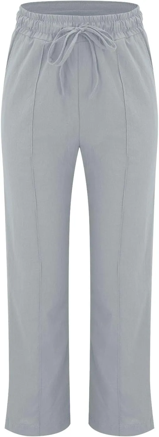 Linen Pants Women Casual Summer Beach Loose Elastic High Waisted Drawstring Lounge Straight Leg Pants with Pockets