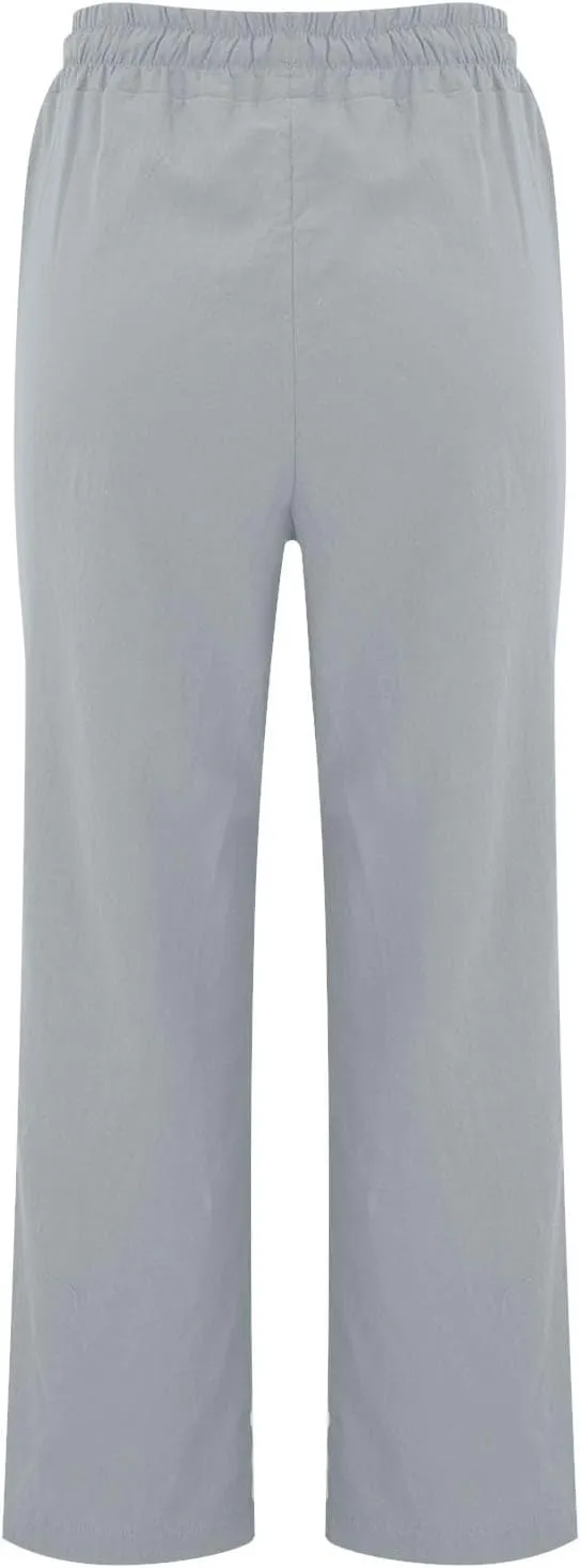 Linen Pants Women Casual Summer Beach Loose Elastic High Waisted Drawstring Lounge Straight Leg Pants with Pockets