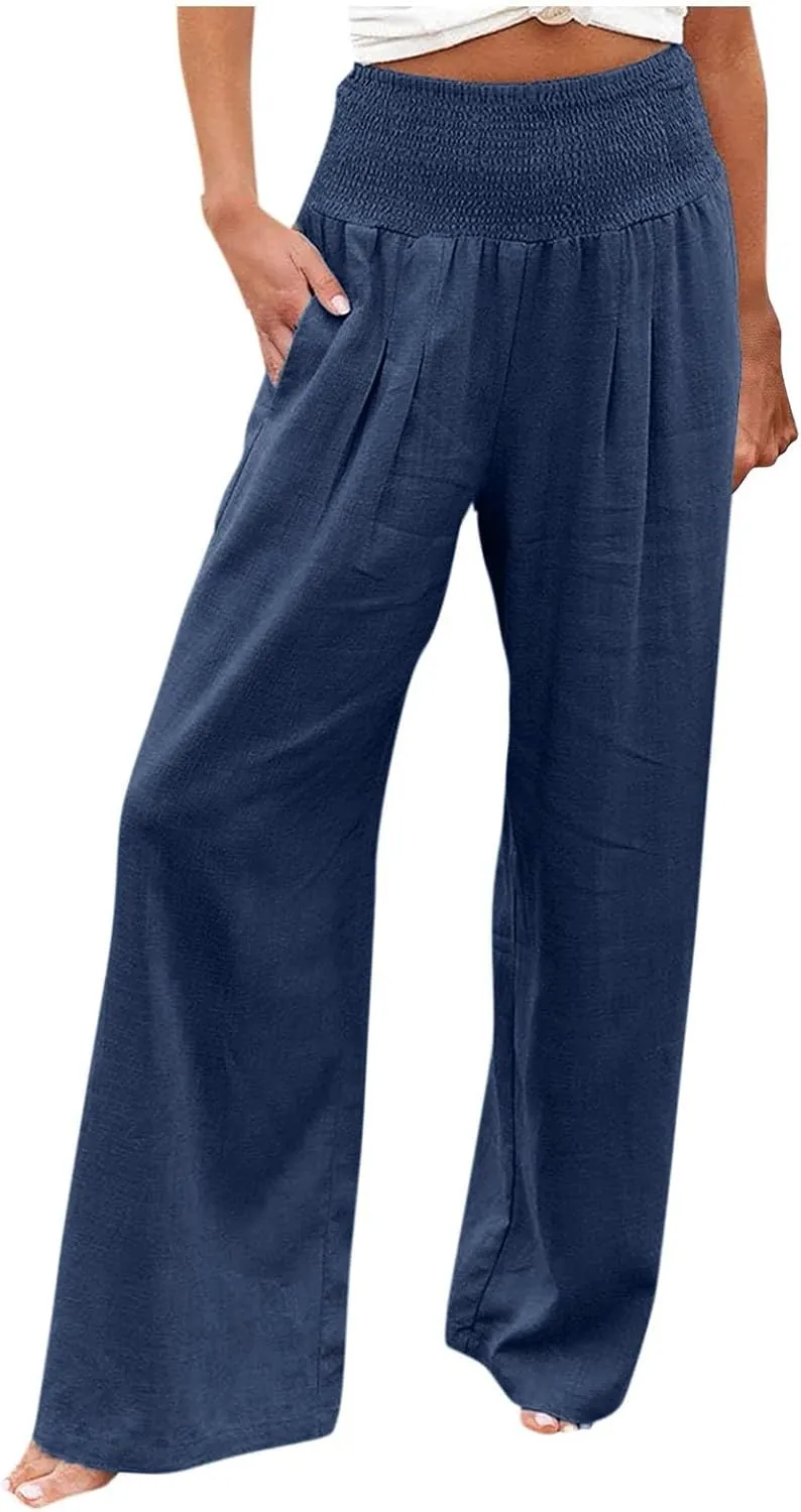 Linen Pants Women Petite Linen Blend Pants for Women High Waisted Wide Leg Striped Drawstring Beach Pants Pockets
