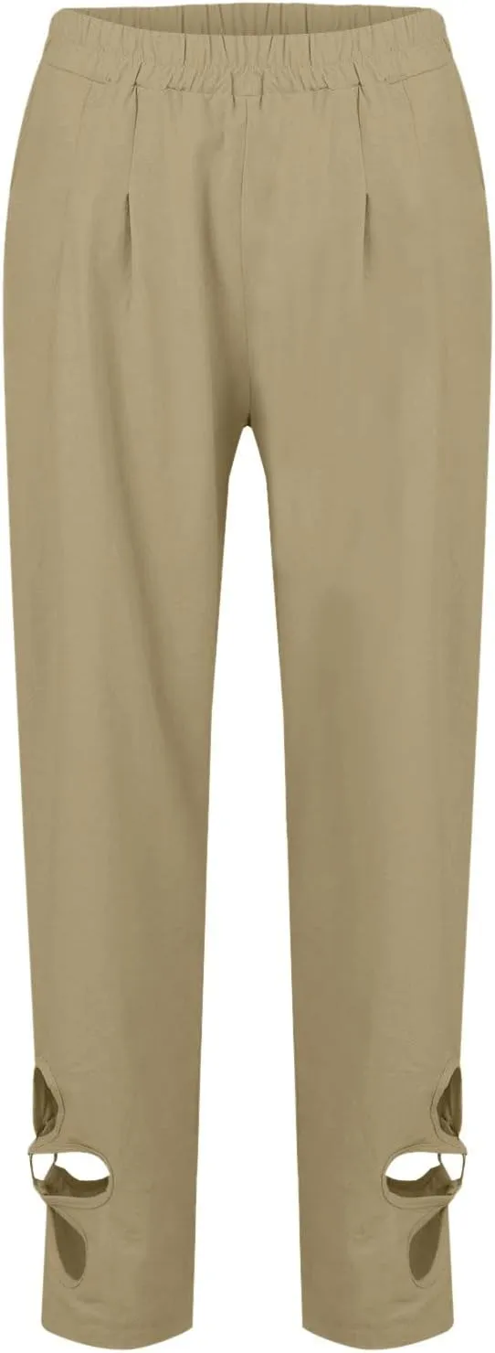 Linen Pants Women Petite Linen Blend Pants for Women High Waisted Wide Leg Striped Drawstring Beach Pants Pockets