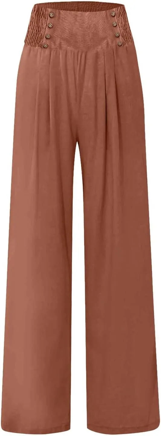 Linen Pants Women Summer Baggy Casual Wide Leg Pants Flowy Palazzo Beach Pants High Waist Work Trousers with Pockets
