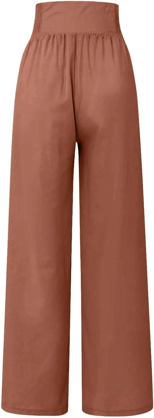 Linen Pants Women Summer Baggy Casual Wide Leg Pants Flowy Palazzo Beach Pants High Waist Work Trousers with Pockets