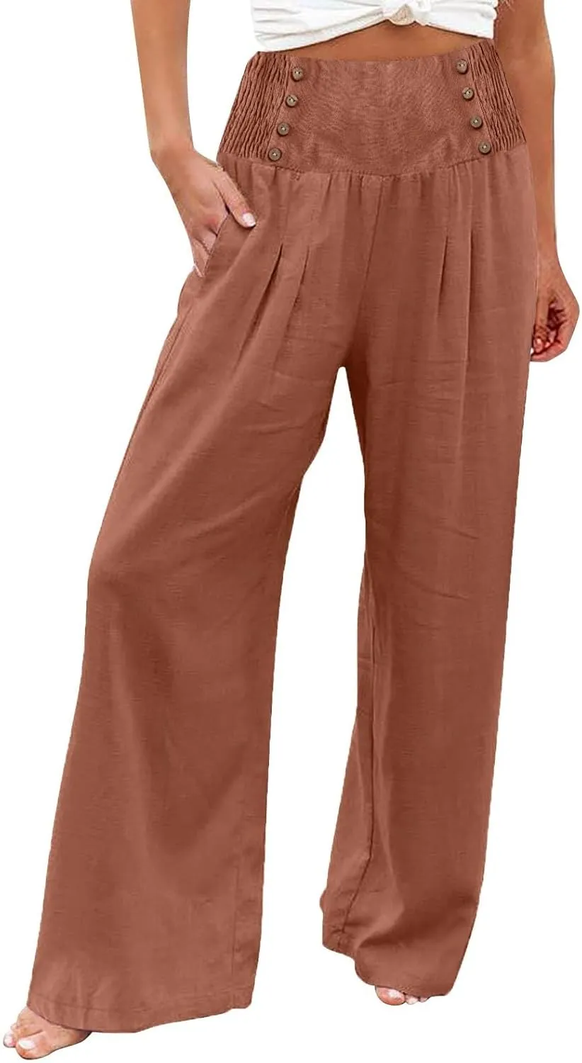 Linen Pants Women Summer Baggy Casual Wide Leg Pants Flowy Palazzo Beach Pants High Waist Work Trousers with Pockets