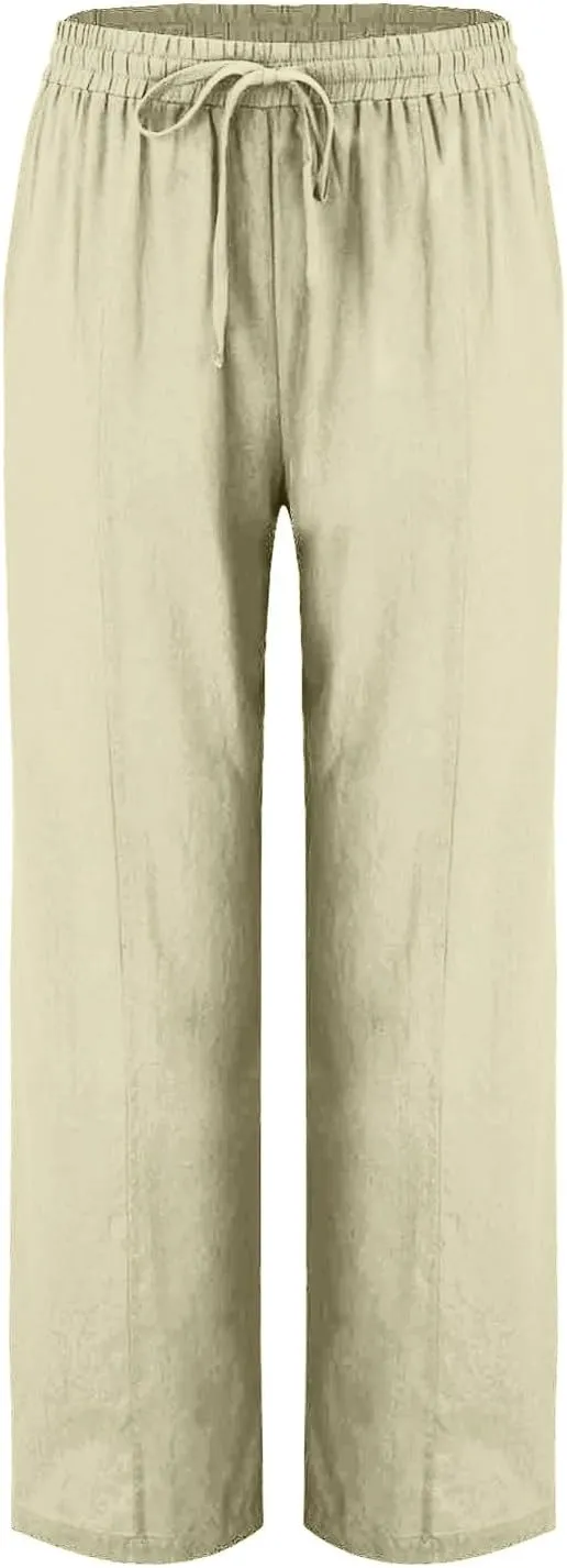 Linen Pants Women Summer Wide Leg Casual Cotton Pants High Waisted Drawstring Lounge Pants Loose Fit Beach Trousers