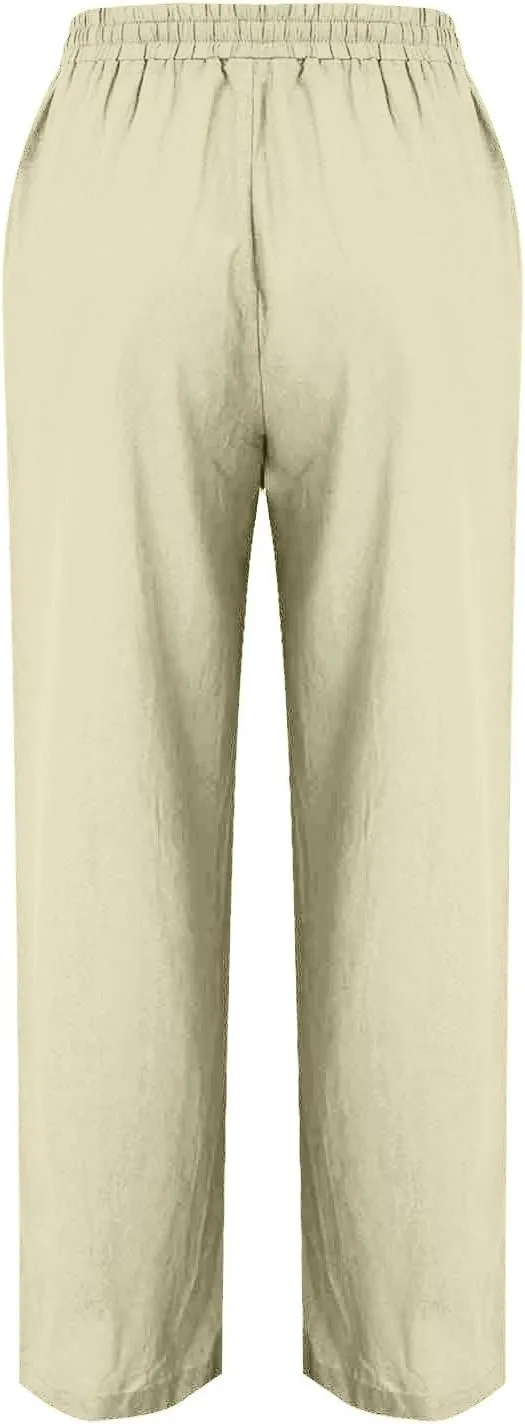 Linen Pants Women Summer Wide Leg Casual Cotton Pants High Waisted Drawstring Lounge Pants Loose Fit Beach Trousers