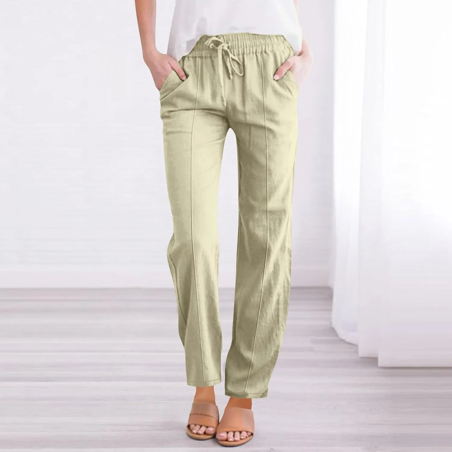 Linen Pants Women Summer Wide Leg Casual Cotton Pants High Waisted Drawstring Lounge Pants Loose Fit Beach Trousers