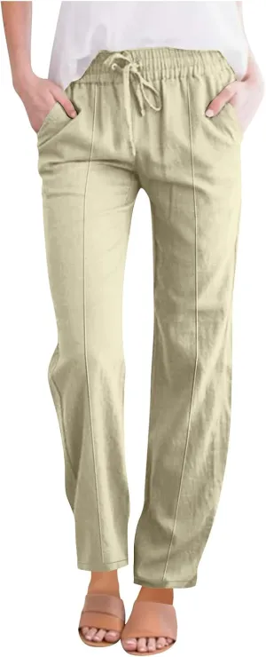 Linen Pants Women Summer Wide Leg Casual Cotton Pants High Waisted Drawstring Lounge Pants Loose Fit Beach Trousers
