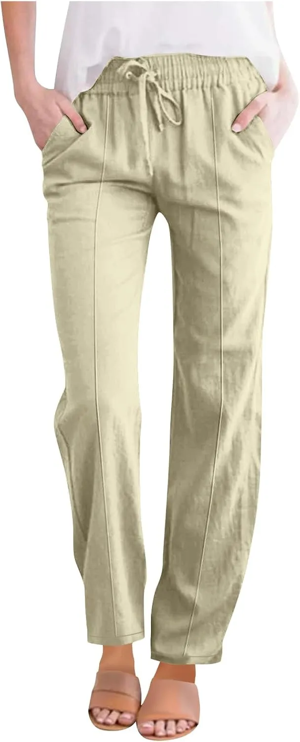 Linen Pants Women Summer Wide Leg Casual Cotton Pants High Waisted Drawstring Lounge Pants Loose Fit Beach Trousers