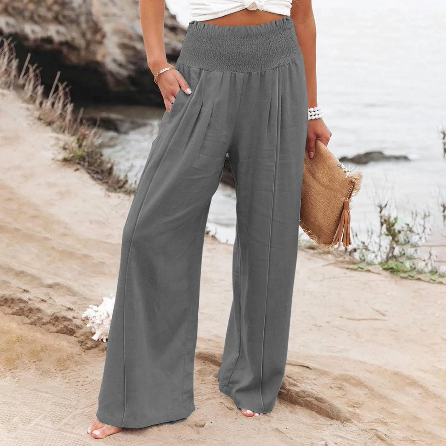Linen Wide Leg Pants for Women Summer Flowy Boho Palazzo Pants Smocked High Waisted Loose Beach Pants with Pockets