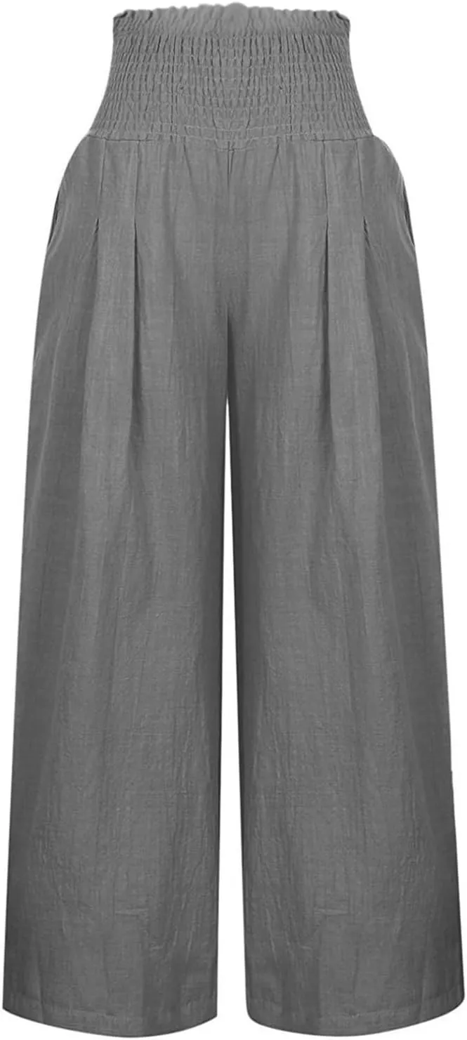 Linen Wide Leg Pants for Women Summer Flowy Boho Palazzo Pants Smocked High Waisted Loose Beach Pants with Pockets