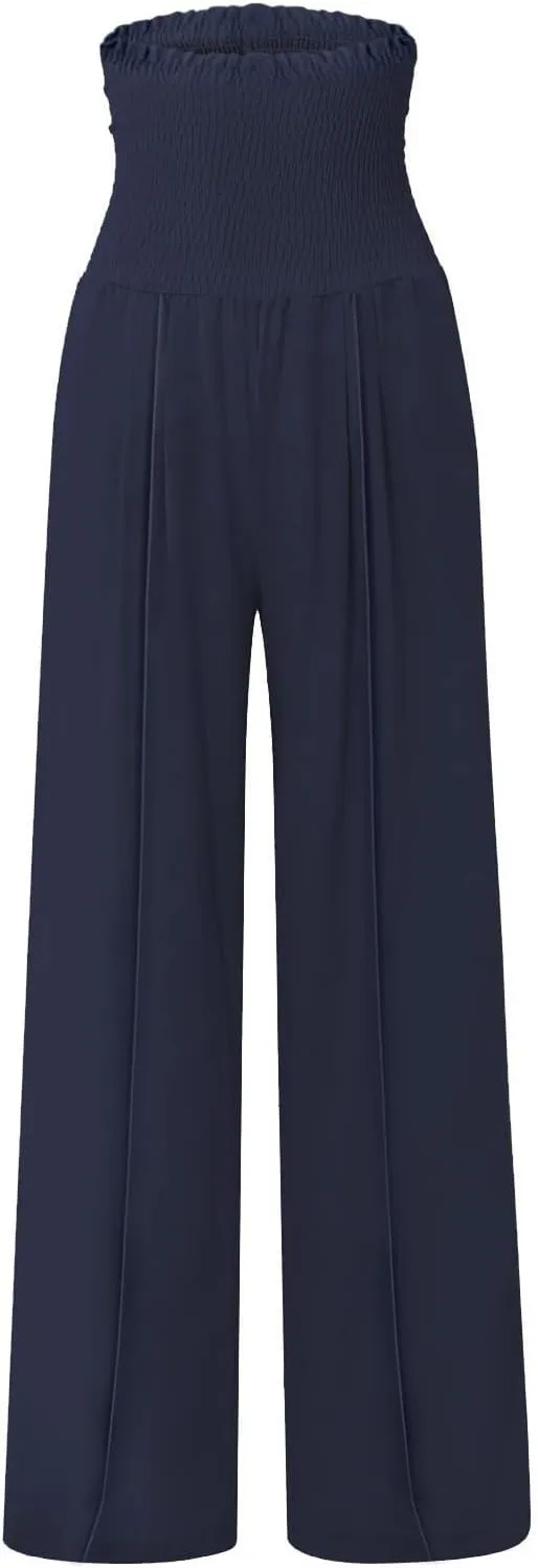 Linen Wide Leg Pants for Women Summer Flowy Boho Palazzo Pants Smocked High Waisted Loose Beach Pants with Pockets