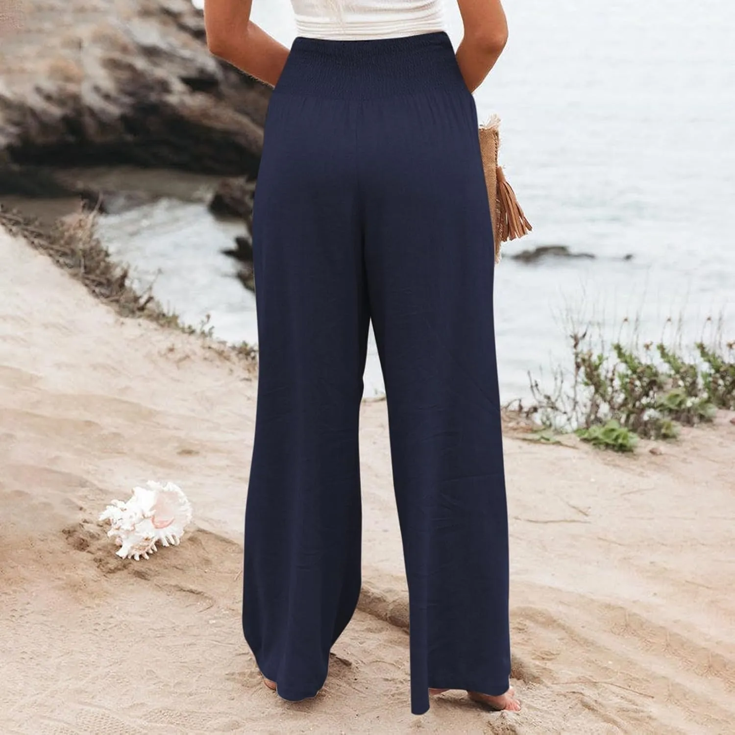 Linen Wide Leg Pants for Women Summer Flowy Boho Palazzo Pants Smocked High Waisted Loose Beach Pants with Pockets
