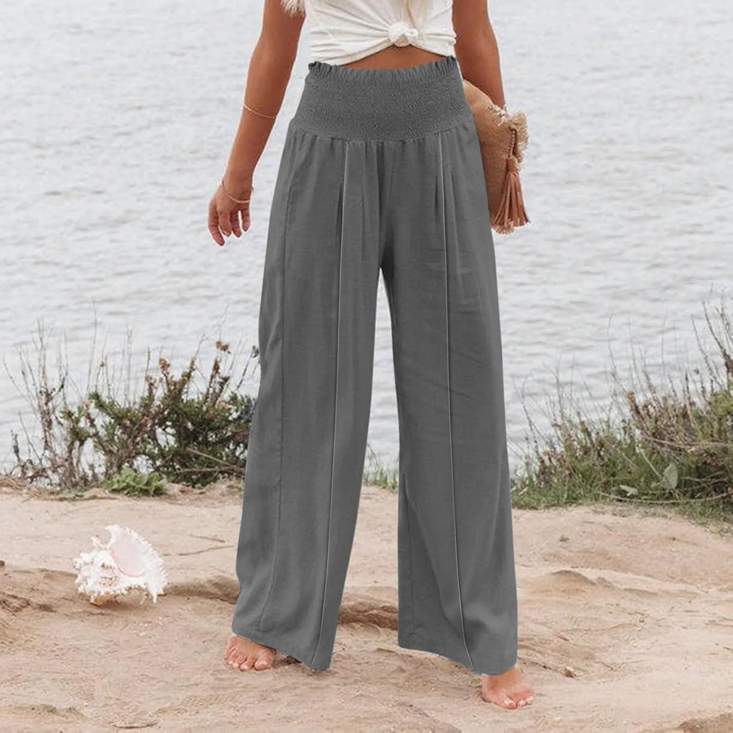 Linen Wide Leg Pants for Women Summer Flowy Boho Palazzo Pants Smocked High Waisted Loose Beach Pants with Pockets