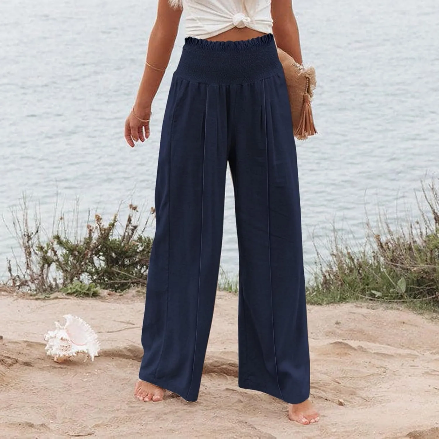 Linen Wide Leg Pants for Women Summer Flowy Boho Palazzo Pants Smocked High Waisted Loose Beach Pants with Pockets