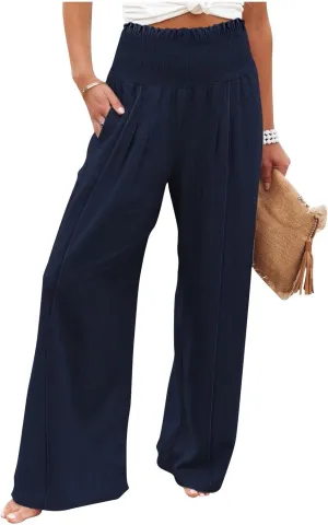 Linen Wide Leg Pants for Women Summer Flowy Boho Palazzo Pants Smocked High Waisted Loose Beach Pants with Pockets