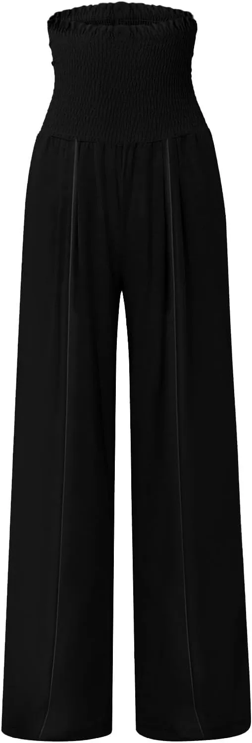 Linen Wide Leg Pants for Women Summer Flowy Boho Palazzo Pants Smocked High Waisted Loose Beach Pants with Pockets