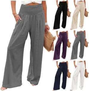 Linen Wide Leg Pants for Women Summer Flowy Boho Palazzo Pants Smocked High Waisted Loose Beach Pants with Pockets