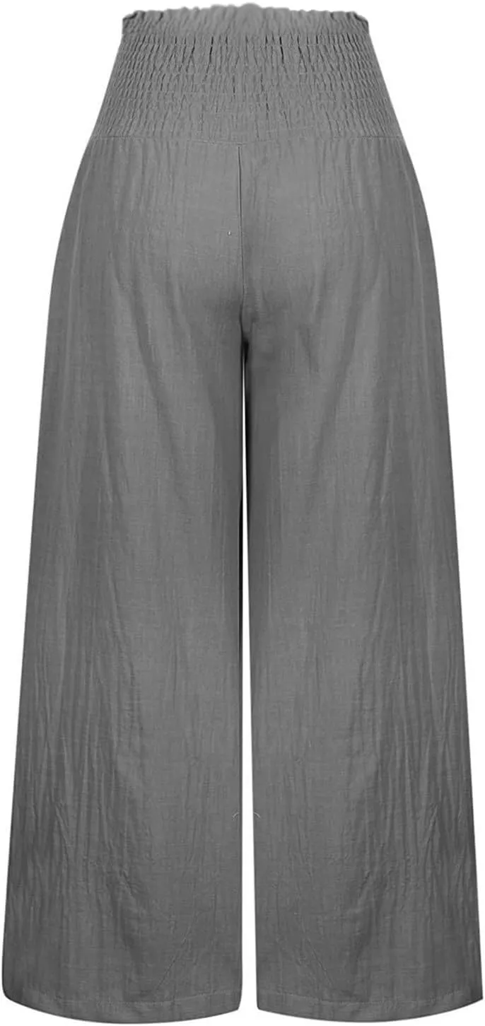 Linen Wide Leg Pants for Women Summer Flowy Boho Palazzo Pants Smocked High Waisted Loose Beach Pants with Pockets