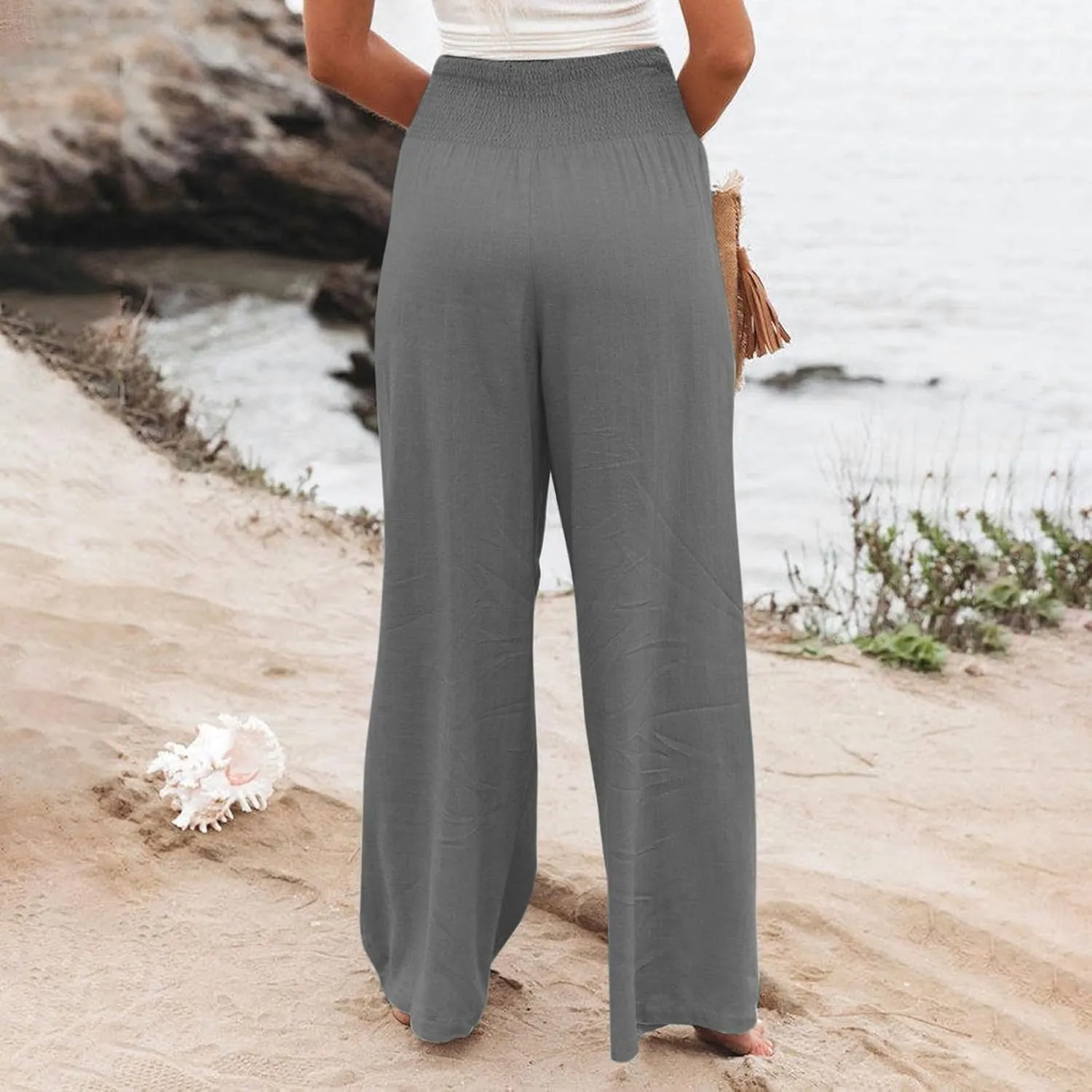 Linen Wide Leg Pants for Women Summer Flowy Boho Palazzo Pants Smocked High Waisted Loose Beach Pants with Pockets