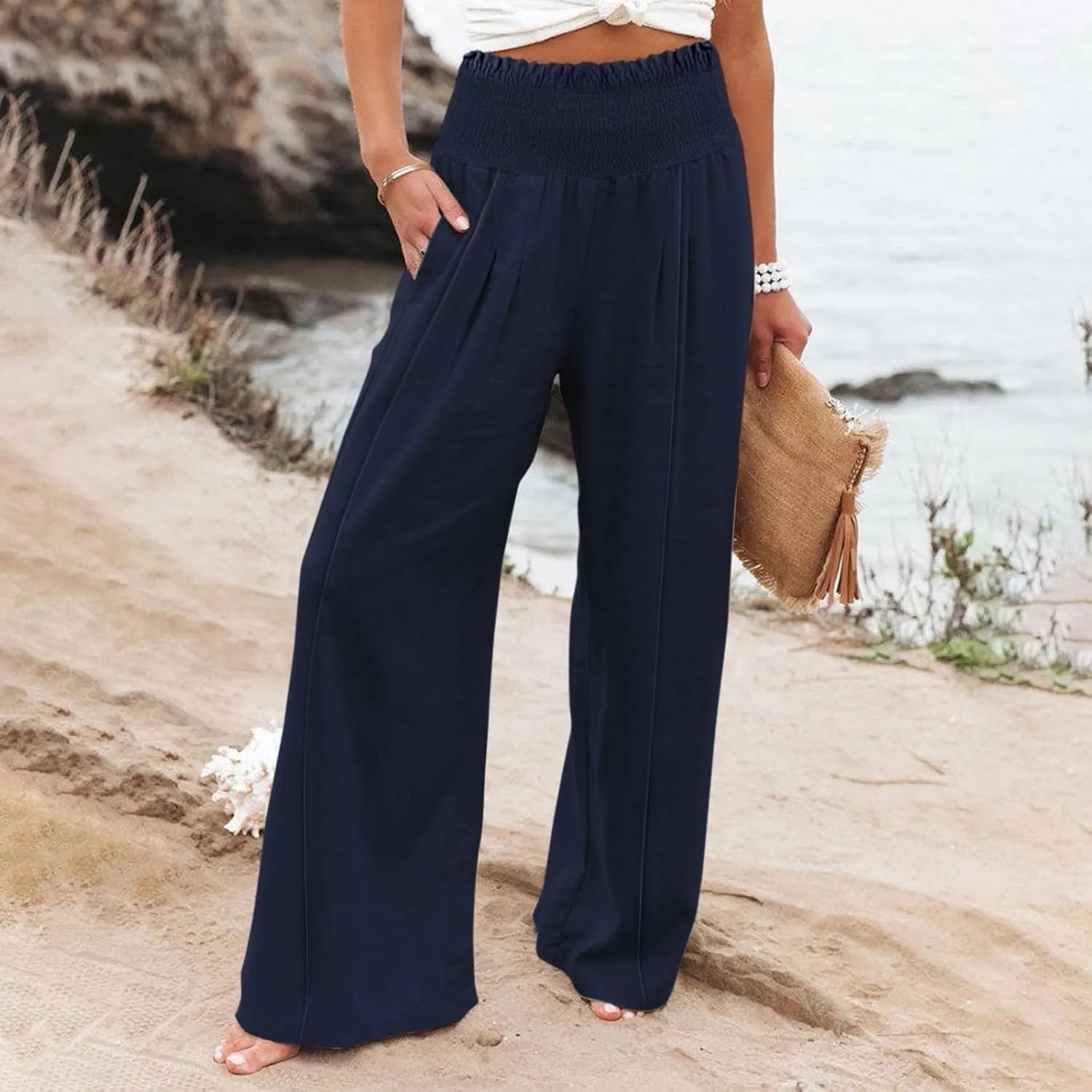 Linen Wide Leg Pants for Women Summer Flowy Boho Palazzo Pants Smocked High Waisted Loose Beach Pants with Pockets