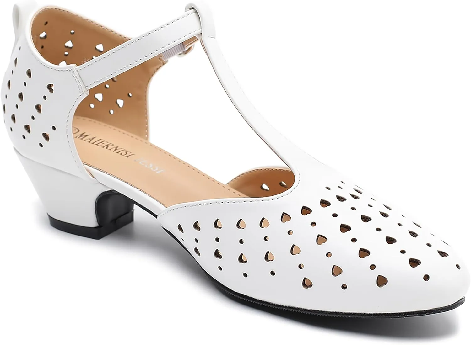 MAIERNISI JESSI Women's T-Strap Hollow Out Low Chunky Heel Mary Jane Closed Toe Pumps Summer Dress Shoes