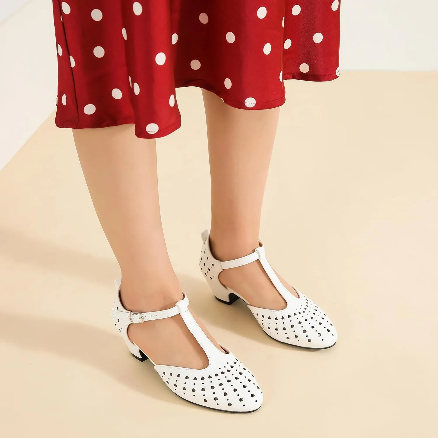 MAIERNISI JESSI Women's T-Strap Hollow Out Low Chunky Heel Mary Jane Closed Toe Pumps Summer Dress Shoes