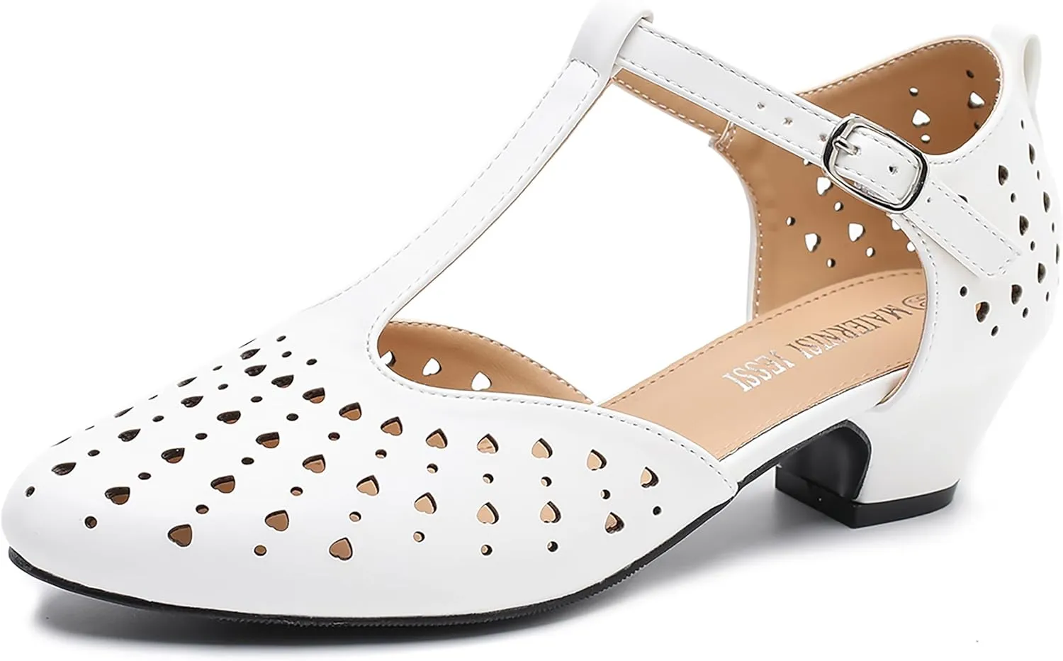 MAIERNISI JESSI Women's T-Strap Hollow Out Low Chunky Heel Mary Jane Closed Toe Pumps Summer Dress Shoes