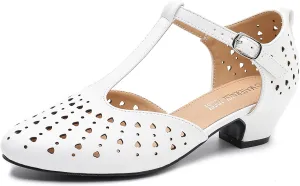 MAIERNISI JESSI Women's T-Strap Hollow Out Low Chunky Heel Mary Jane Closed Toe Pumps Summer Dress Shoes
