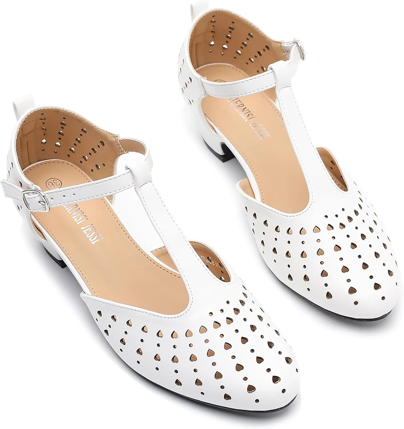 MAIERNISI JESSI Women's T-Strap Hollow Out Low Chunky Heel Mary Jane Closed Toe Pumps Summer Dress Shoes