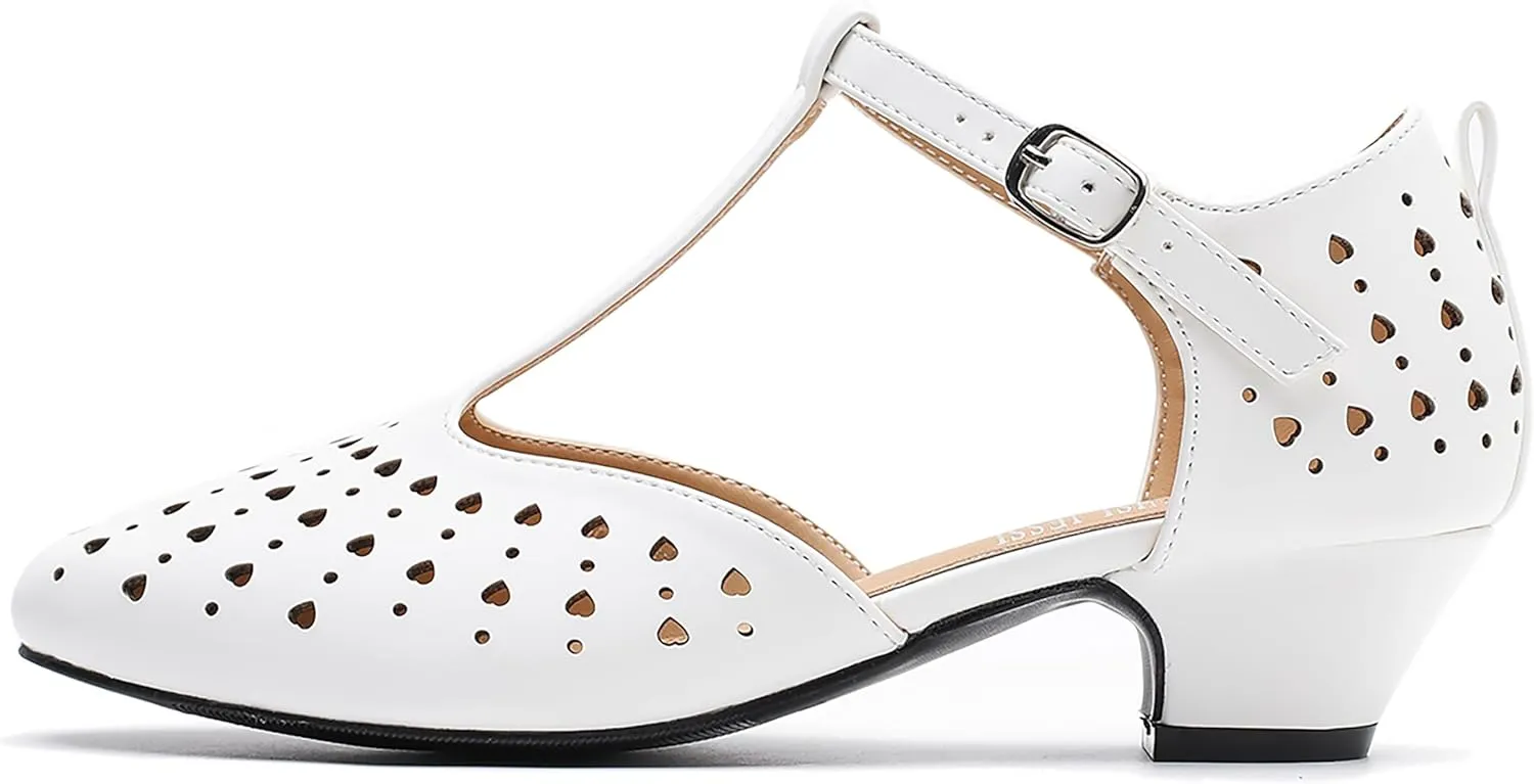MAIERNISI JESSI Women's T-Strap Hollow Out Low Chunky Heel Mary Jane Closed Toe Pumps Summer Dress Shoes