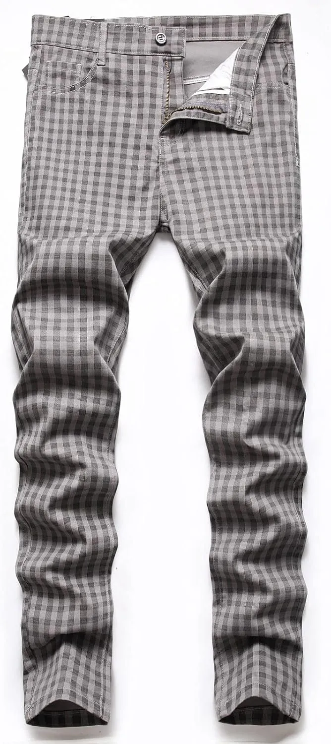 Men Linen Pants Fashion Casual Plaid Printed Straight Legs Slim Fit Buckle Zipper Suit Pants Classic Work Trouser