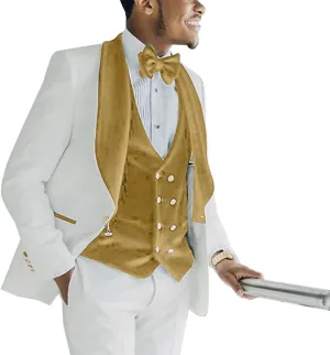 Men's 3 Piece Slim Fit Suits Jacquard Blazer Jacket Shawl Lapel Velvet Vest Classic White Pant Wedding Men Suit