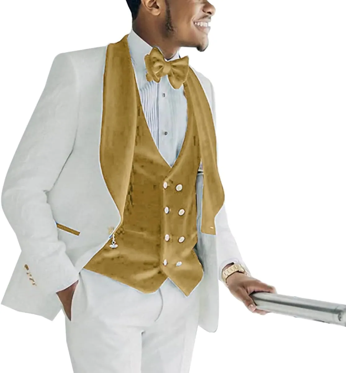 Men's 3 Piece Slim Fit Suits Jacquard Blazer Jacket Shawl Lapel Velvet Vest Classic White Pant Wedding Men Suit