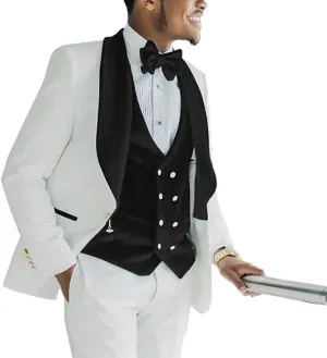 Men's 3 Piece Slim Fit Suits Jacquard Blazer Jacket Shawl Lapel Velvet Vest Classic White Pant Wedding Men Suit