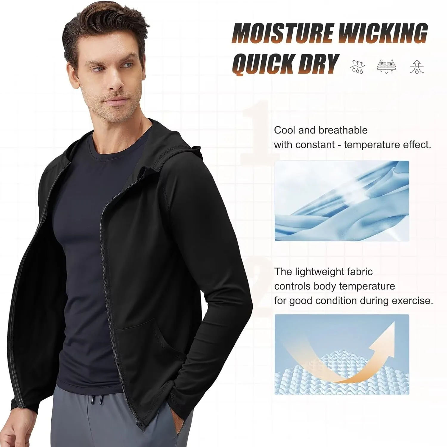 Mens Athletic Jacket for Running Workout Hiking Full Zip Sun Protection Hoodies for Fishing,Fast Dry Lightweight